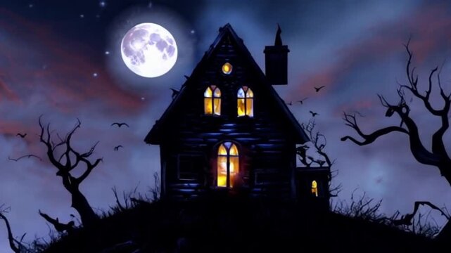 A Spooky Haunted House Gloomily Looms on a Dark Moonlit Night, Eerie and Mysterious Atmosphere