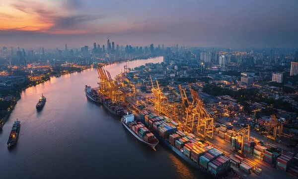 See the pulse of global commerce from above. Cranes at an international port efficiently manage container loading for seamless import-export operations