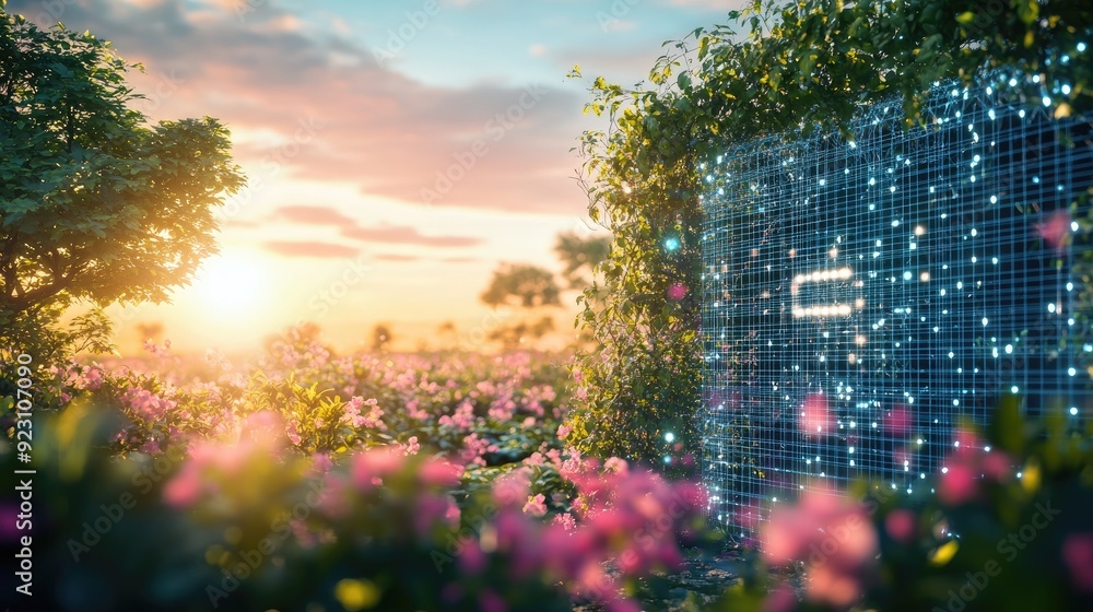 Poster 3d render of a secure digital network icon with a lush garden and bright sky in the background, repr