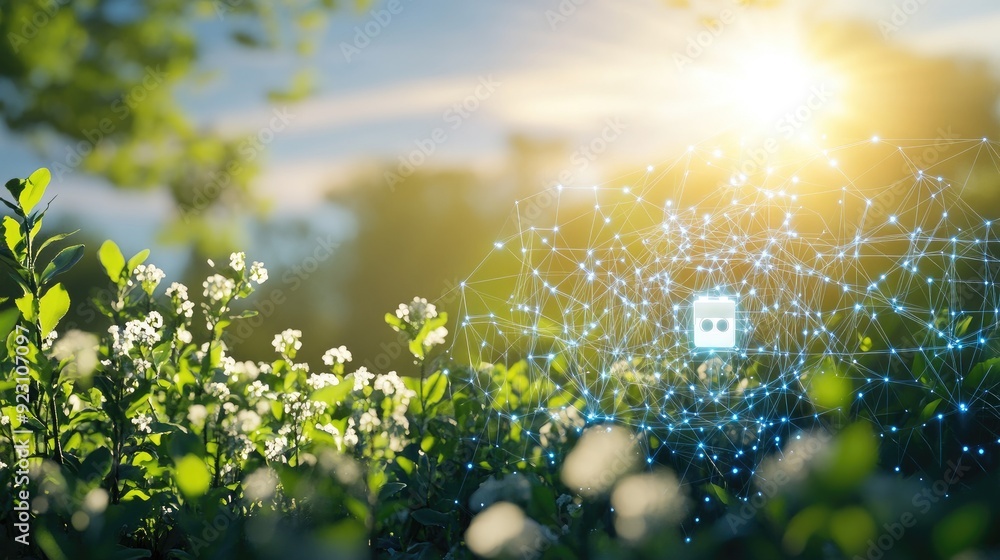 Poster 3d render of a secure digital network icon with a lush garden and bright sky in the background, repr