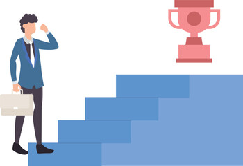 Obraz premium The boy is looking at the trophy of success.