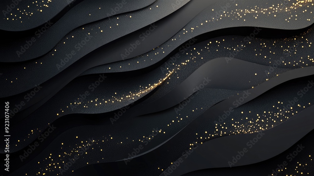 Poster abstract 3d background featuring black paper layers with geometric slices and golden glittering dots