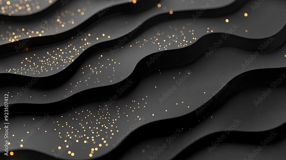Poster abstract 3d background featuring black paper layers with geometric slices and golden glittering dots