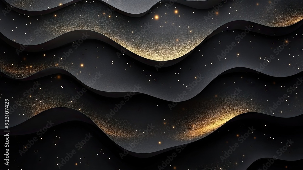 Poster abstract 3d background with textured black paper layers and golden glittering elements, offering a r