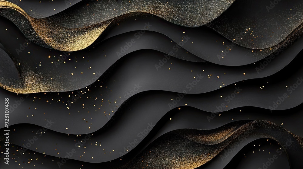 Poster abstract 3d background with textured black paper layers and golden glittering elements, offering a r