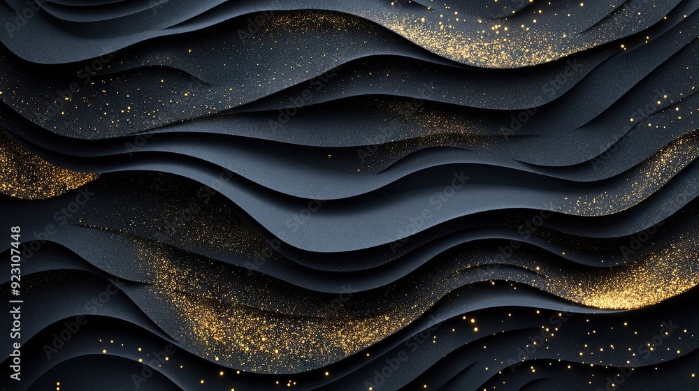 Poster abstract 3d background with textured black paper layers and golden glittering elements, offering a r