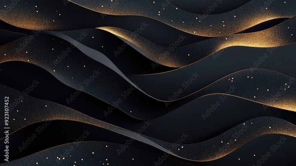 Poster abstract 3d background with textured black paper layers and golden glittering elements, offering a r