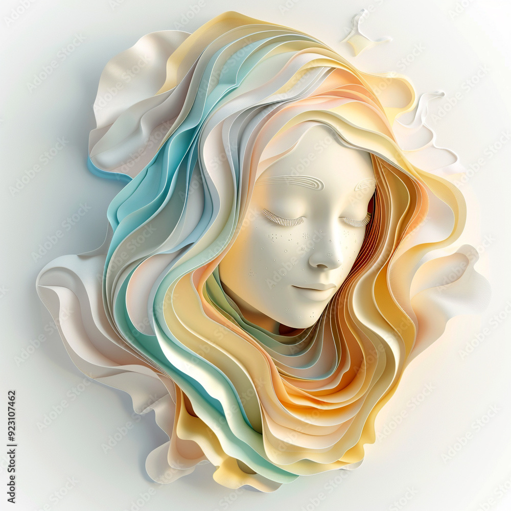 Poster artistic representation of a serene face surrounded by colorful waves created with paper