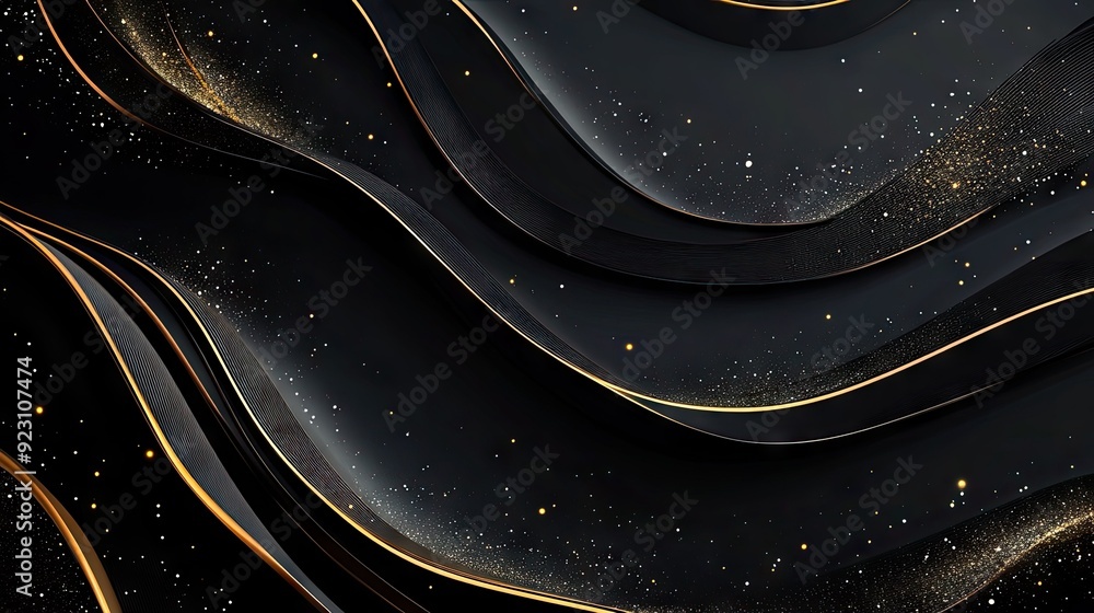 Poster abstract 3d black background with curved gold lines and shimmering sparkles, creating a luxurious an