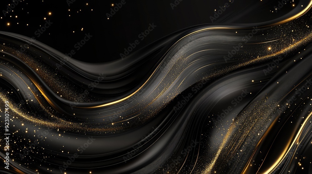 Poster abstract 3d black background with curved gold lines and shimmering sparkles, creating a luxurious an