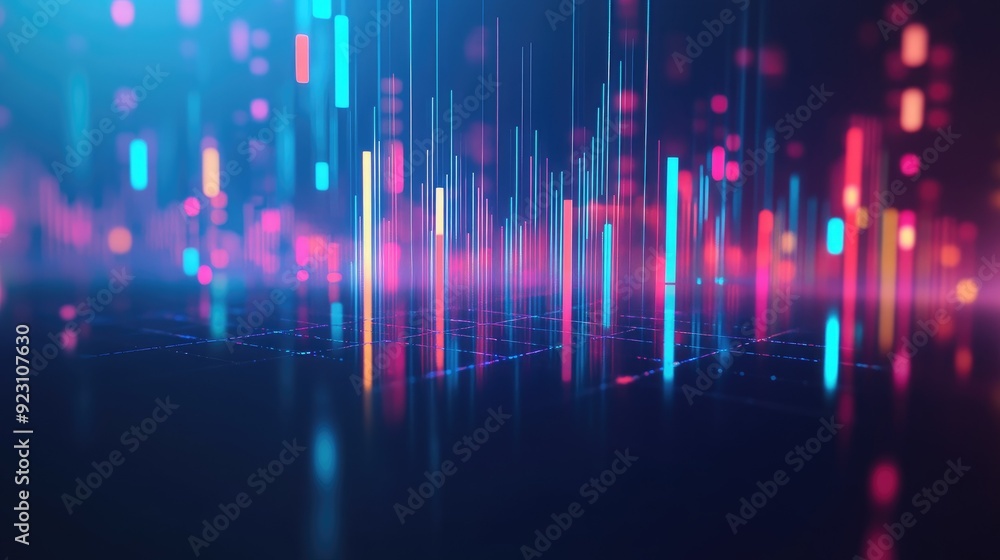 Poster abstract 3d candlestick chart with luminous features on a blue background. represents trading and fi