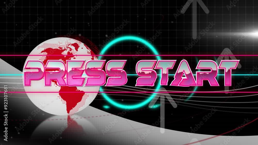 Poster press start text animation over globe and digital grid background