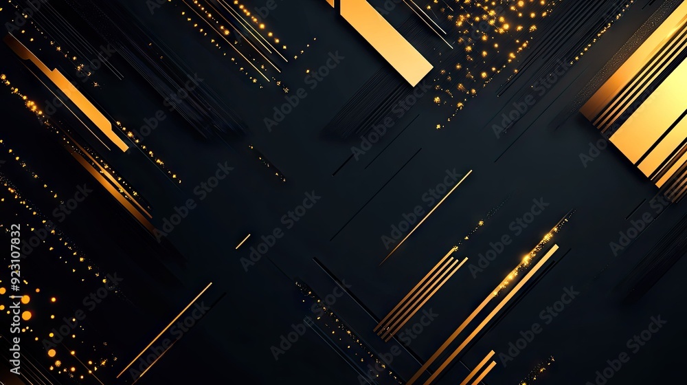 Poster abstract background showcasing gold directional arrows and geometric elements on a dark black space,