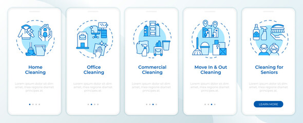 Professional cleaning blue onboarding mobile app screen. Walkthrough 5 steps editable graphic instructions with linear concepts. UI, UX, GUI template. Montserrat SemiBold, Regular fonts used