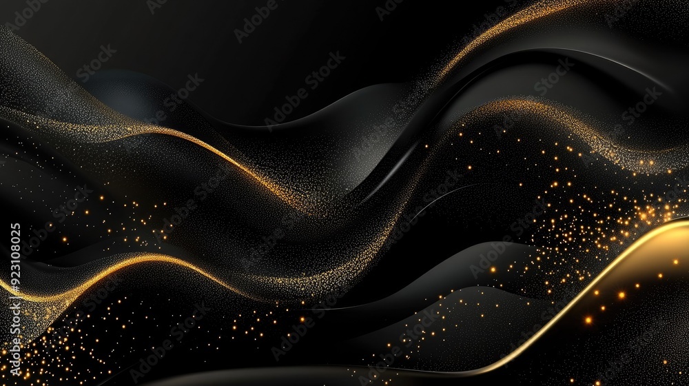 Poster abstract black background with golden waves and subtle sparkles in a 3d effect, providing a refined 