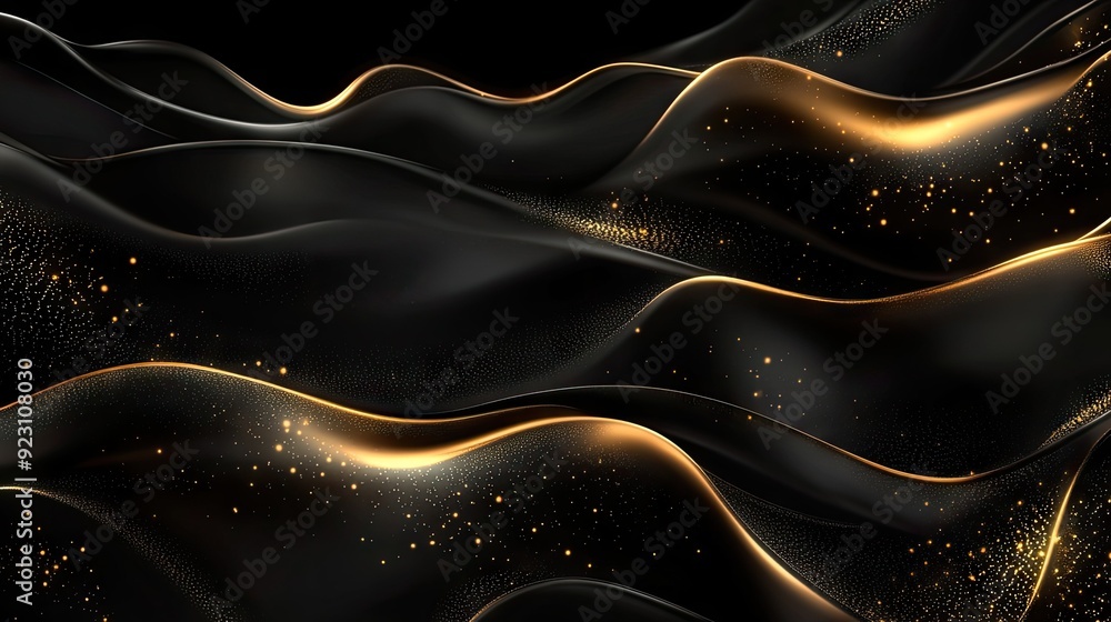 Poster abstract black background with golden waves and subtle sparkles in a 3d effect, providing a refined 