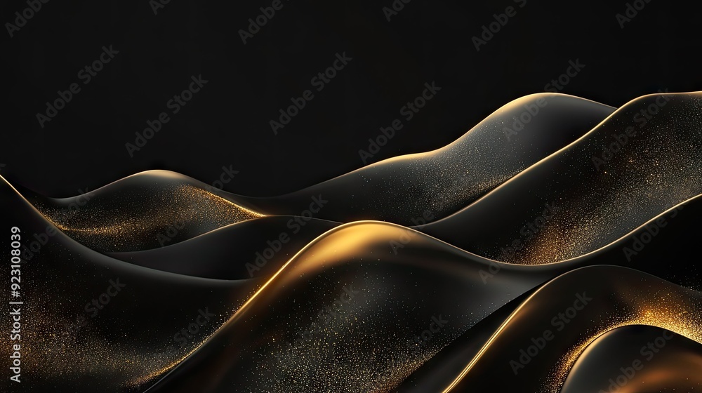 Poster abstract black background with golden waves and subtle sparkles in a 3d effect, providing a refined 