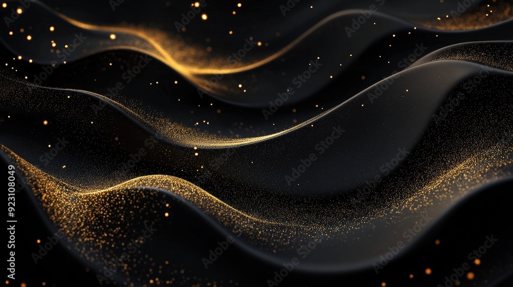 Poster abstract black background with golden waves and subtle sparkles in a 3d effect, providing a refined 
