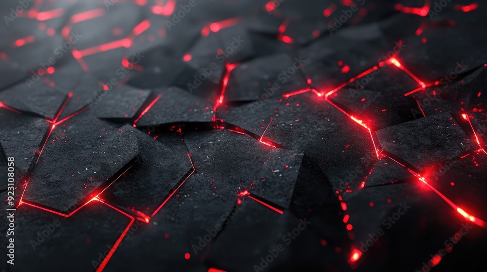 Poster abstract black polygon surface with intricate red light patterns, showcasing a modern and high-tech 