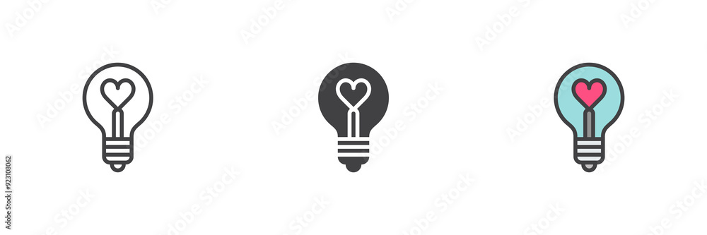 Poster light bulb with a heart different style icon set