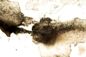 Splash and splatters of spilled paint of black color on white surface