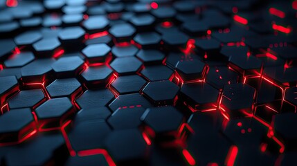 Obraz premium Abstract black polygon surface with intricate red light patterns, showcasing a modern and high-tech design concept. --