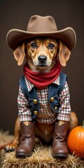 Adorable Puppy Dressed as a Cowboy in Western-Themed Costume with Hat and Boots