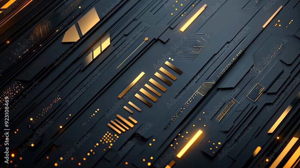 Poster abstract design featuring gold light arrows in geometric patterns on a grey background with ample bl