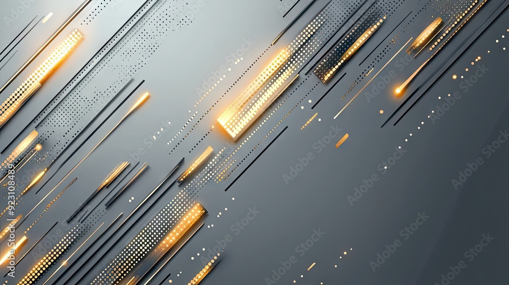 Poster abstract design featuring gold light arrows in geometric patterns on a grey background with ample bl