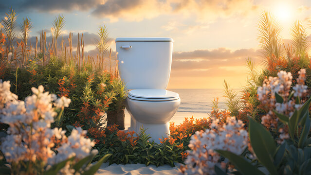 there is a toilet in the middle of a field of flowers