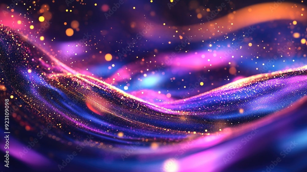 Poster abstract glowing particles with dynamic liquid flow on a trendy fluid cover design. ideal for modern