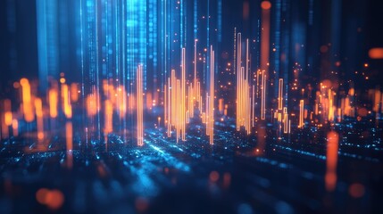 Abstract glowing candlestick chart rendered in 3D on a blue background. Highlights finance and market trends with a modern aesthetic. Ideal for financial reports and data analysis.