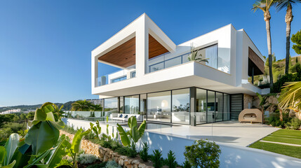 Fototapeta premium Beautiful modern house with large windows. Minimalist architecture with clean lines and a contemporary design