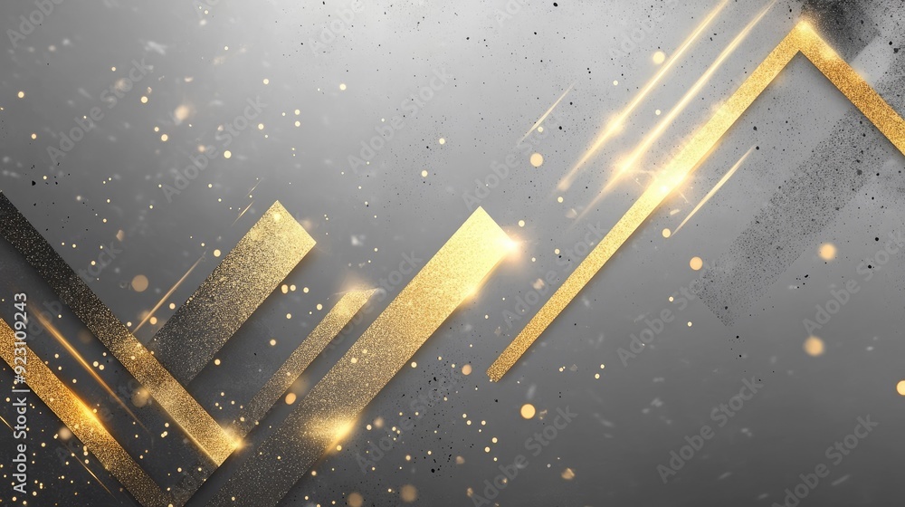 Poster abstract grey background with geometric gold arrows emitting light. the design is modern and futuris