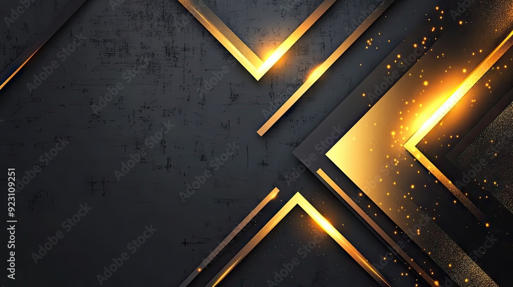 Poster abstract grey background with geometric gold arrows emitting light. the design is modern and futuris