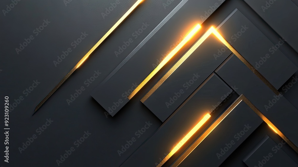 Poster abstract grey background with geometric gold arrows emitting light. the design is modern and futuris