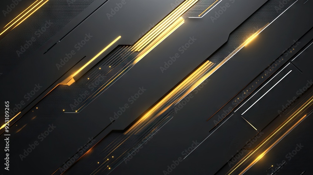 Poster abstract grey background with geometric gold arrows emitting light. the design is modern and futuris