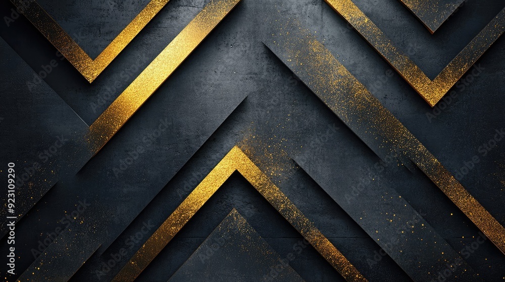 Poster abstract grey background with shimmering gold arrows in geometric arrangements. the design is modern