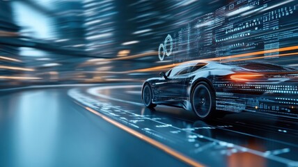 Obraz premium A CEO in an advanced sports car zooming across a digital landscape, leaving behind a trail of data and business growth.