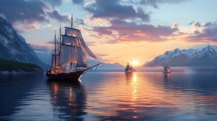 Obraz premium An enchanting harbor at dusk, glowing ships sail into the mist, water reflecting the colors of the setting sun.