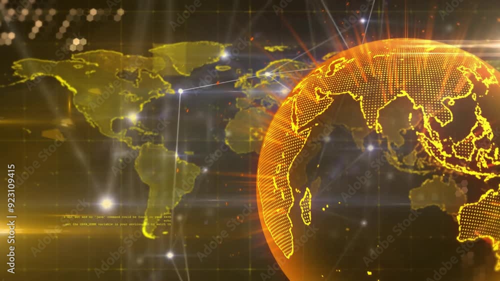 Poster glowing globe and world map with connecting lines, global network animation