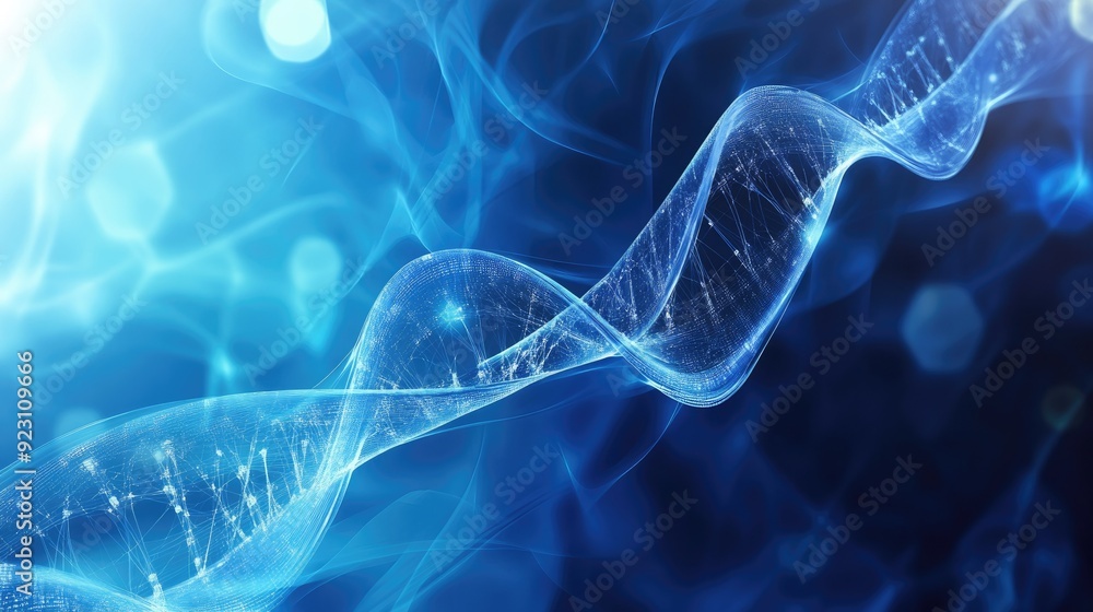 Poster abstract science-themed background with flowing dna strands and geometric dynamics. ideal for medici