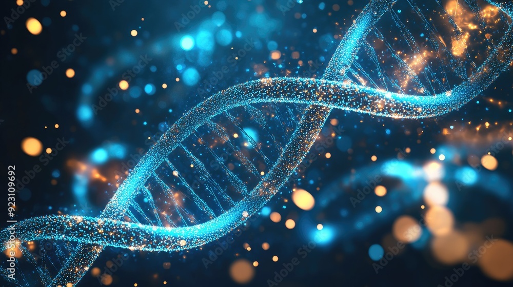 Poster abstract science-themed background with flowing dna strands and geometric dynamics. ideal for medici