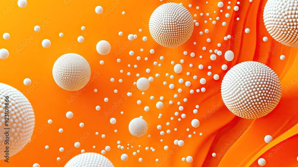 Poster abstract vector design featuring 3d realistic spheres on an orange background. textured with dots or