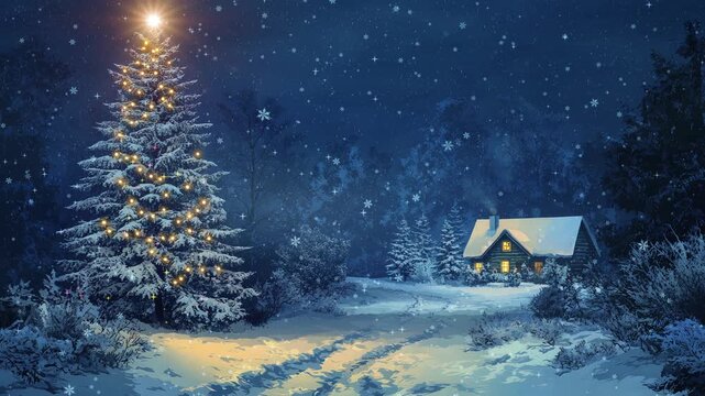 Christmas Tree and Lit Cabin in a Winter Wonderland: A Snowy Night Landscape Perfect for Holiday Banners and Templates for Xmas Eve	
