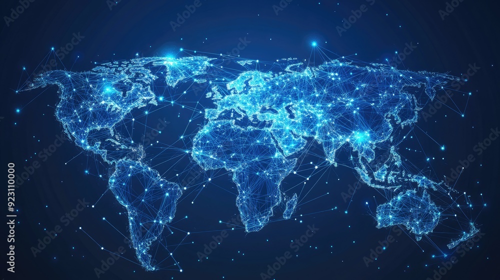 Poster abstract vector world map highlighting global telecommunication networks with data connections. mode