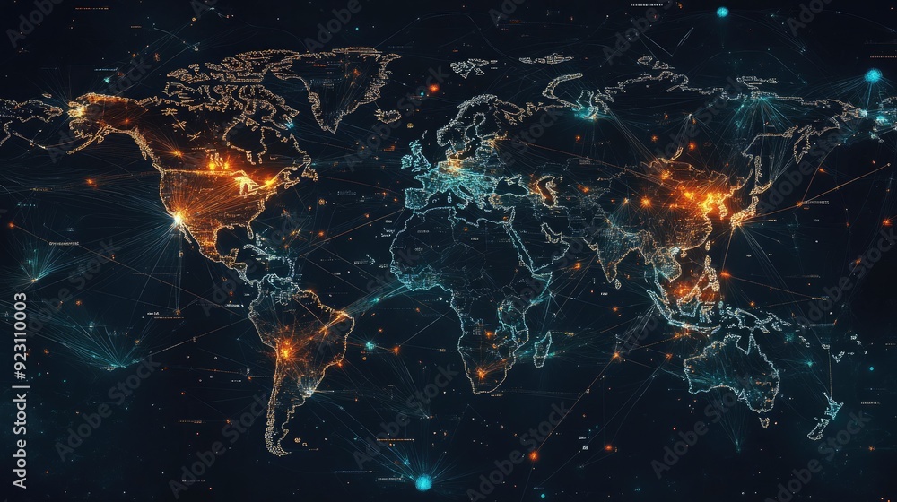 Poster abstract vector world map highlighting global telecommunication networks with data connections. mode