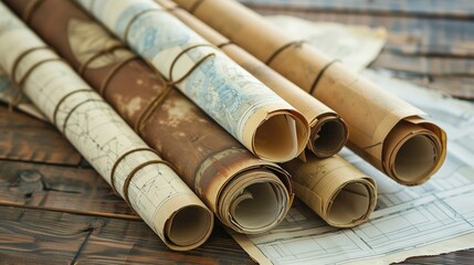 Fototapeta premium Architectural Drawings Rolled Up on Blueprint Paper for Easy Storage and Transport