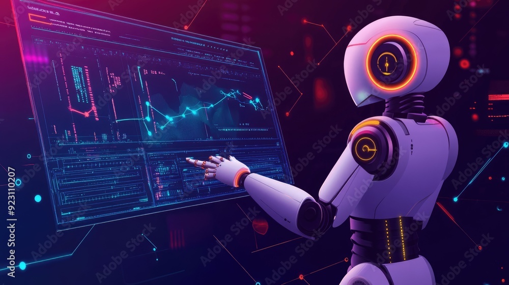 Poster ai concept in 2d illustration, featuring a robot analyzing data on a digital screen. clean and moder