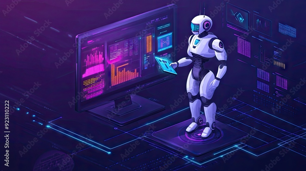 Poster ai concept in 2d illustration, featuring a robot analyzing data on a digital screen. clean and moder